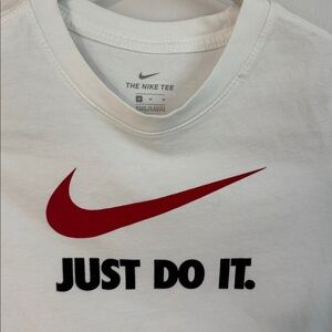 Kids Nike White Tee with Red Swoosh and Black Text size M